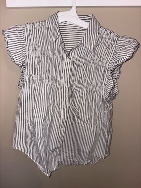 Black & White Striped Ruffle-Sleeve Collared Blouse